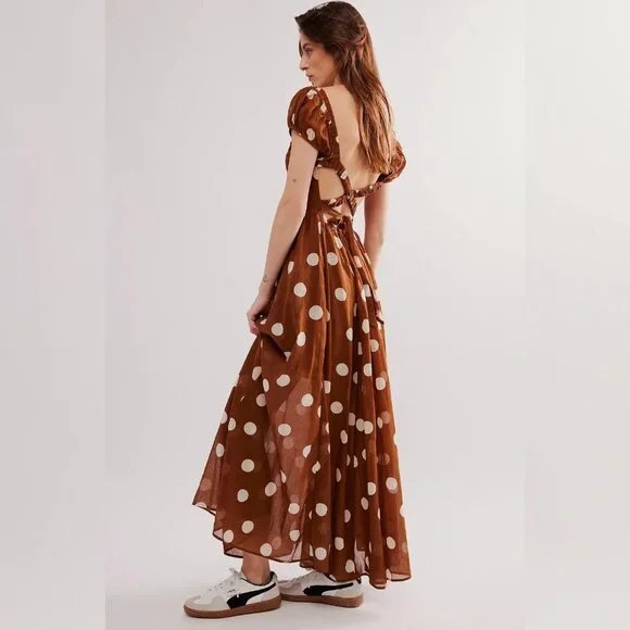 Free People Ultraviolet Dress Oak M 8 Women's Smocked Polka Dot Maxi NEW 44592 - Picture 2 of 6